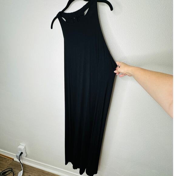Black High Neck Plunging Sides Sleeveless Gathered Flowy Back Maxi Dress M - Picture 4 of 12
